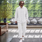 Modisches Loose Fit Frühlings-Leinenhemd und -hose im Set für Herren l Gerkono